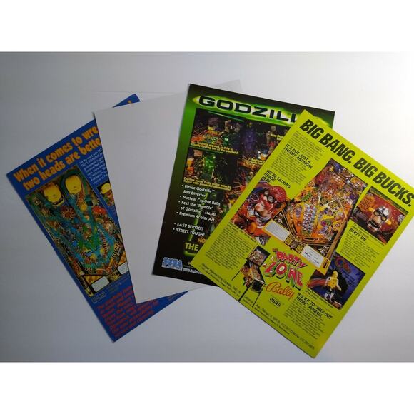 Pinball Flyers Lot Of 4 Games Road Show Rolling Stones Godzilla Party Zone #68 - Picture 2 of 2
